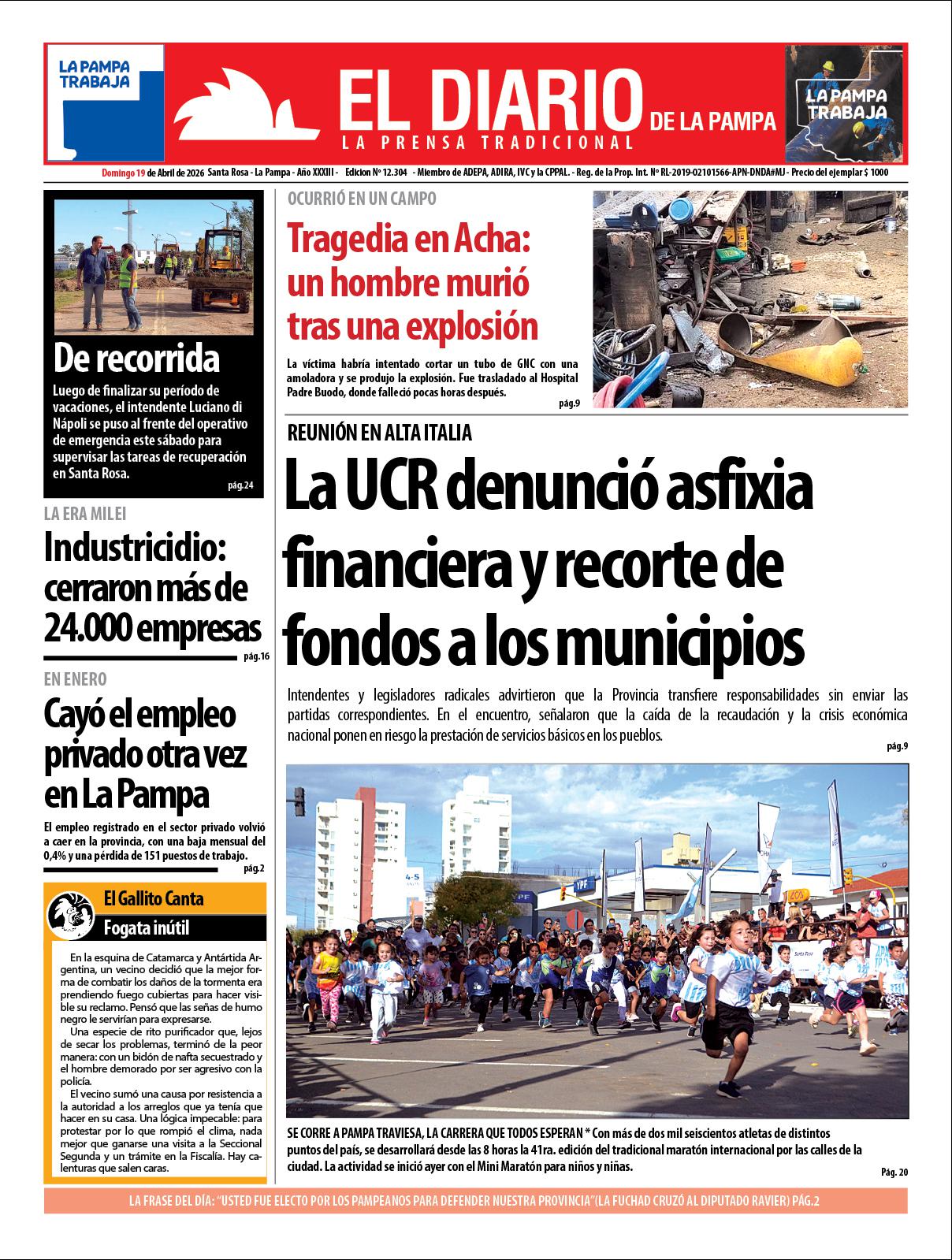 Tapa de El Diario en papel  domingo 19 de abril de 2026